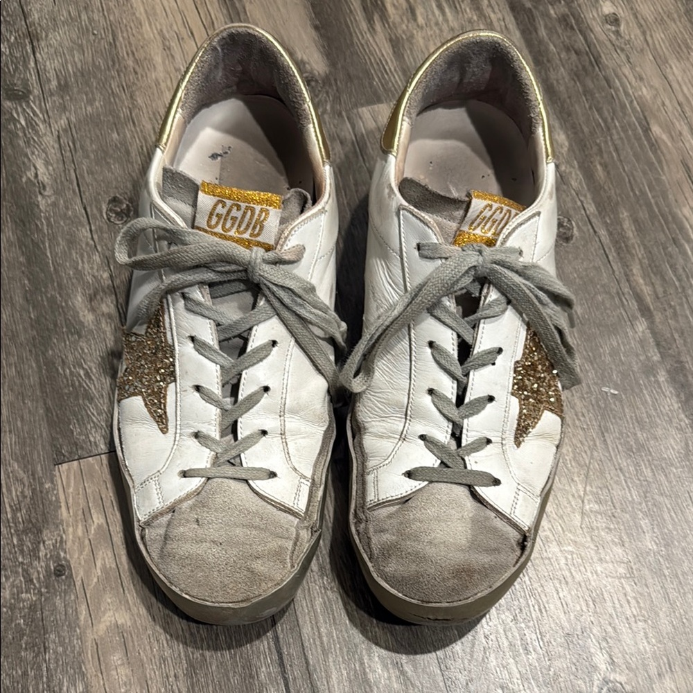 Golden Goose White and Gold Distressed Sneakers